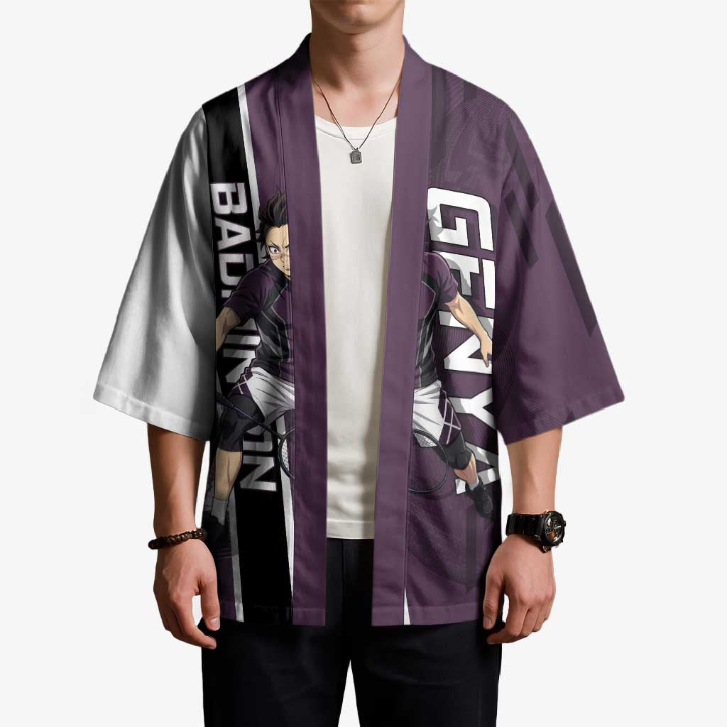 Personalized Shinazugawa Genya Demon Slayer Badminton Kimono with Racket Action Pose and Purple Black Graphic Design - The Mazicc