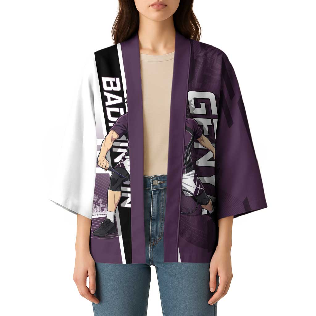 Personalized Shinazugawa Genya Demon Slayer Badminton Kimono with Racket Action Pose and Purple Black Graphic Design - The Mazicc