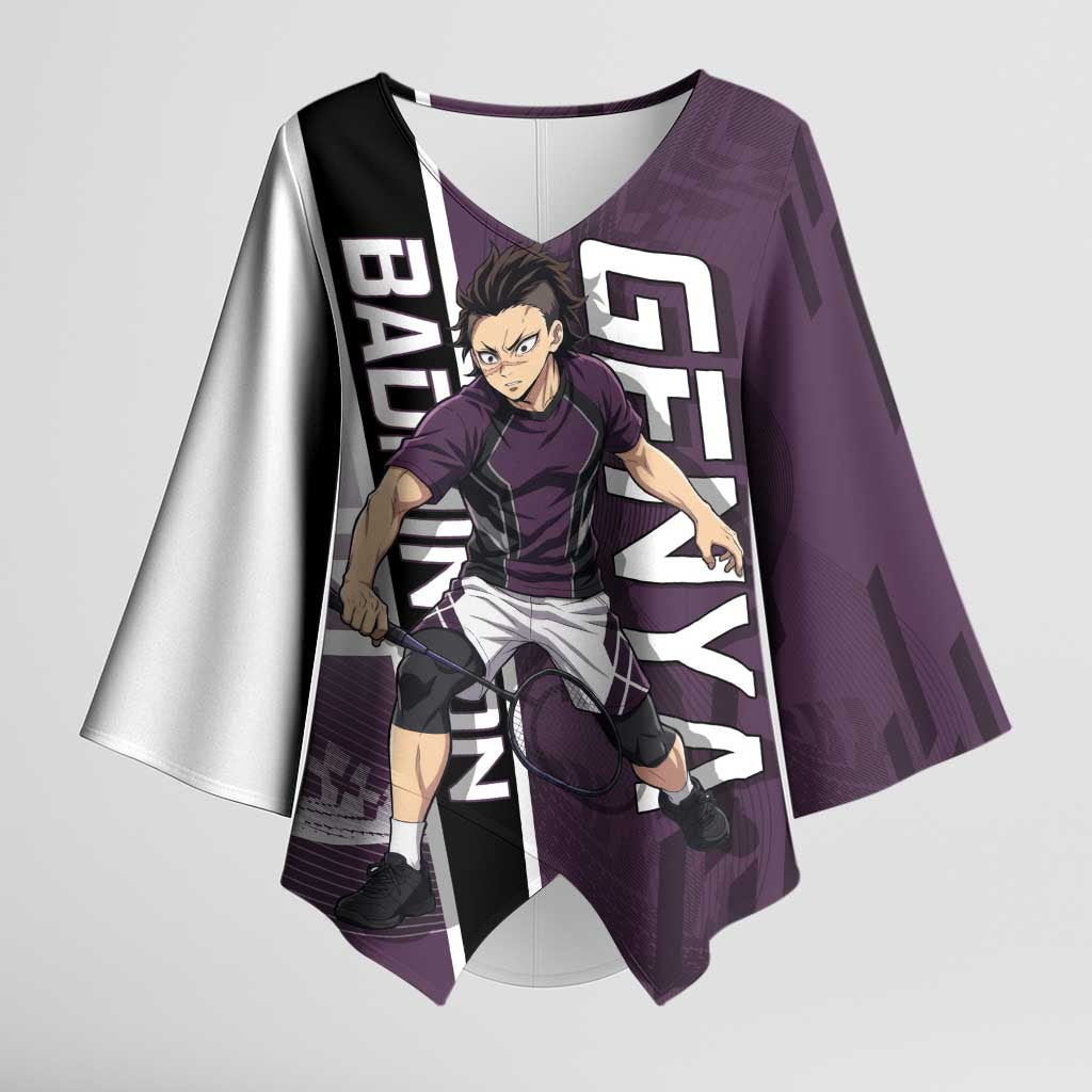 Personalized Shinazugawa Genya Demon Slayer Badminton Kimono Sleeve Blouse with Racket Action Pose and Purple Black Graphic Design - The Mazicc