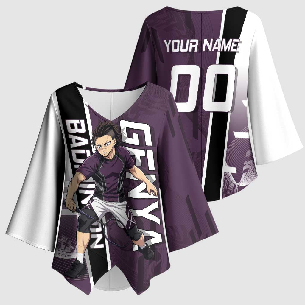 Personalized Shinazugawa Genya Demon Slayer Badminton Kimono Sleeve Blouse with Racket Action Pose and Purple Black Graphic Design - The Mazicc