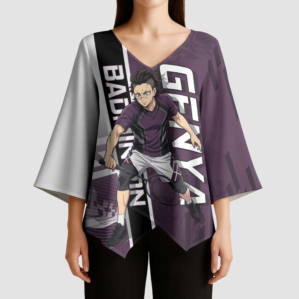 Personalized Shinazugawa Genya Demon Slayer Badminton Kimono Sleeve Blouse with Racket Action Pose and Purple Black Graphic Design - The Mazicc