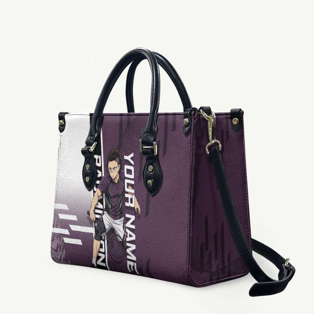 Personalized Shinazugawa Genya Demon Slayer Badminton Leather Bag with Racket Action Pose and Purple Black Graphic Design - The Mazicc
