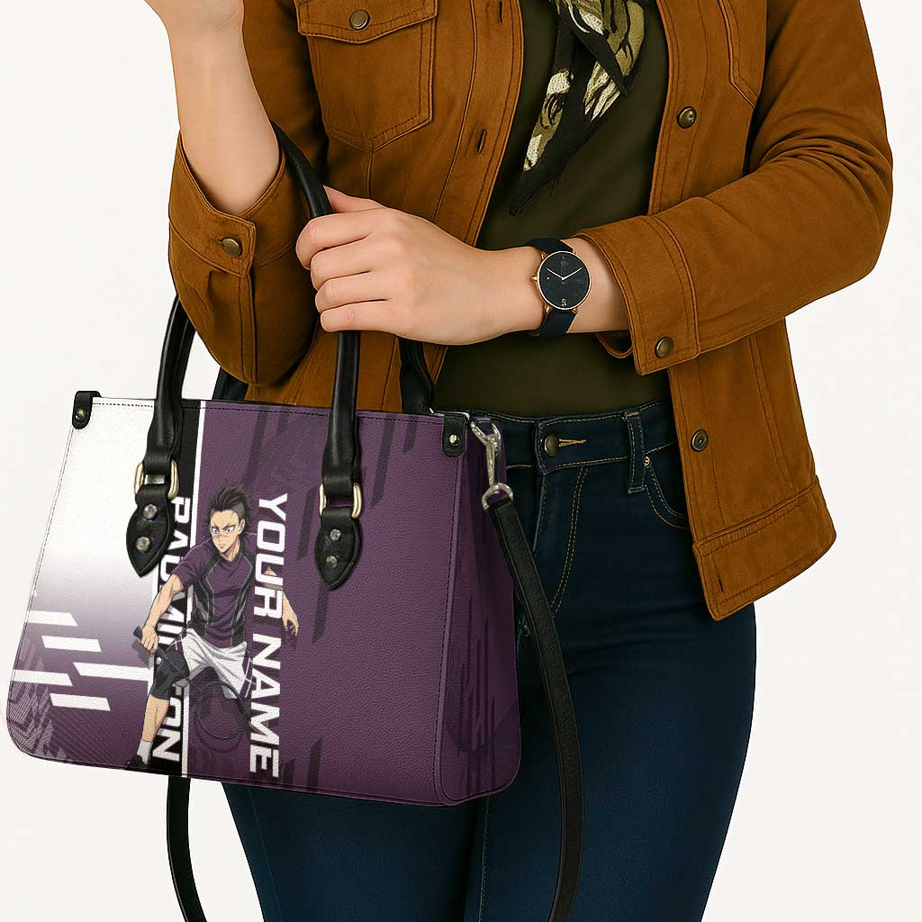 Personalized Shinazugawa Genya Demon Slayer Badminton Leather Bag with Racket Action Pose and Purple Black Graphic Design - The Mazicc