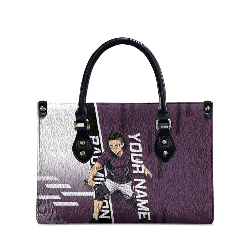 Personalized Shinazugawa Genya Demon Slayer Badminton Leather Bag with Racket Action Pose and Purple Black Graphic Design - The Mazicc