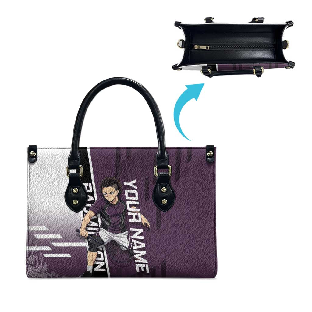 Personalized Shinazugawa Genya Demon Slayer Badminton Leather Bag with Racket Action Pose and Purple Black Graphic Design - The Mazicc