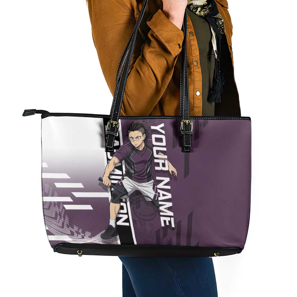 Personalized Shinazugawa Genya Demon Slayer Badminton Leather Tote Bag with Racket Action Pose and Purple Black Graphic Design - The Mazicc