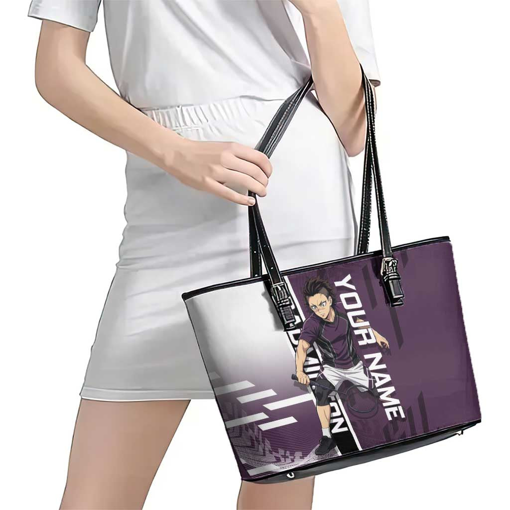 Personalized Shinazugawa Genya Demon Slayer Badminton Leather Tote Bag with Racket Action Pose and Purple Black Graphic Design - The Mazicc