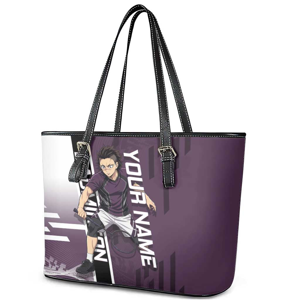 Personalized Shinazugawa Genya Demon Slayer Badminton Leather Tote Bag with Racket Action Pose and Purple Black Graphic Design - The Mazicc