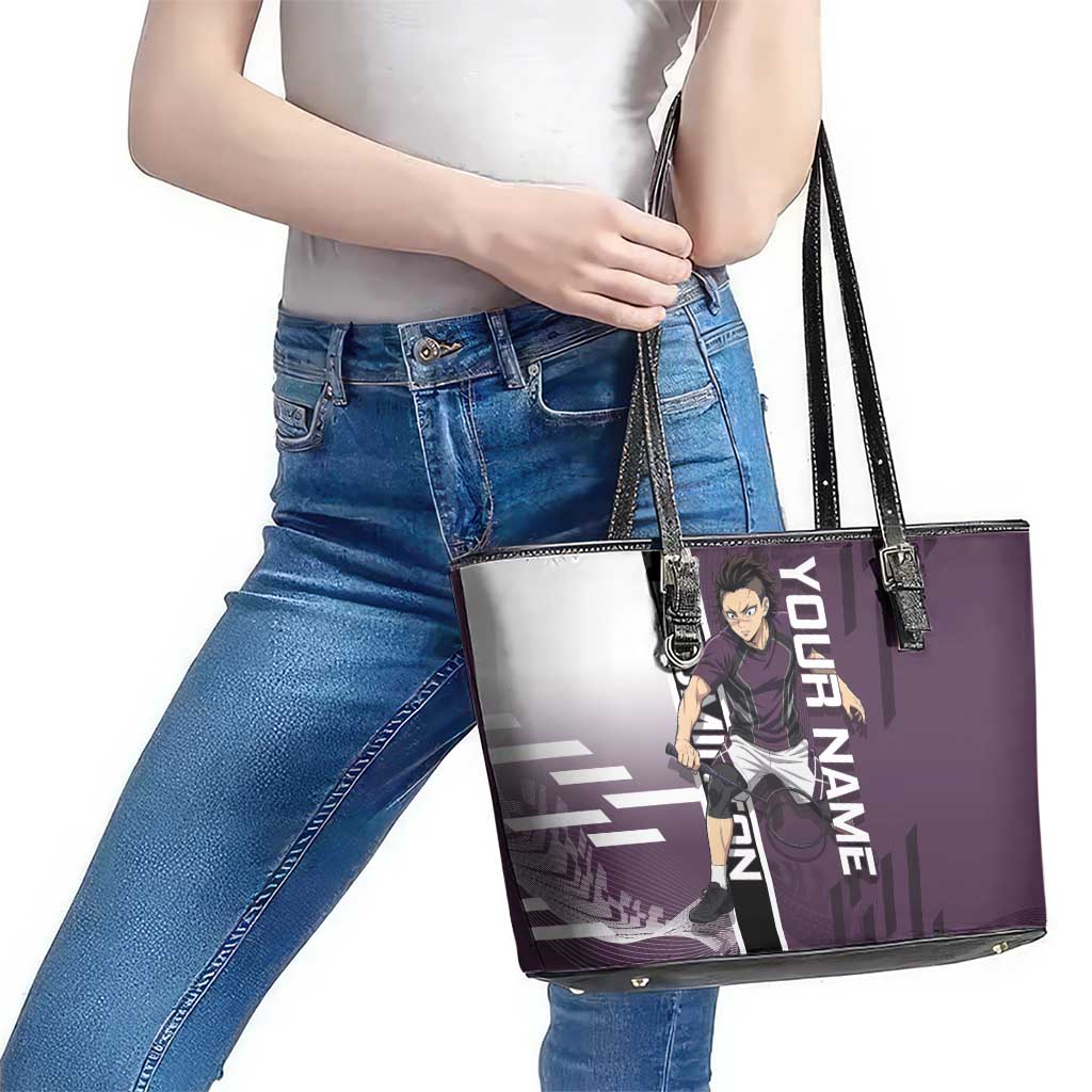 Personalized Shinazugawa Genya Demon Slayer Badminton Leather Tote Bag with Racket Action Pose and Purple Black Graphic Design - The Mazicc