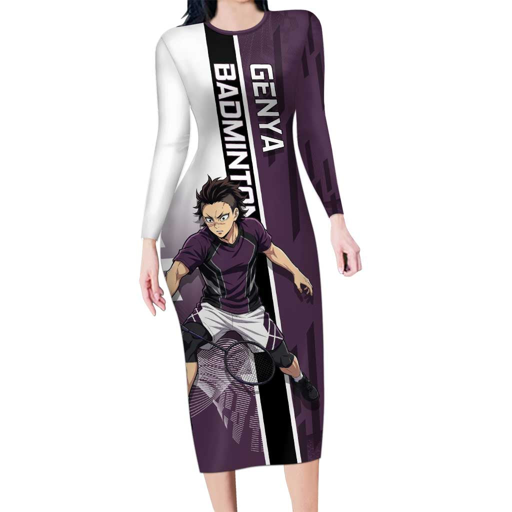 Personalized Shinazugawa Genya Demon Slayer Badminton Long Sleeve Bodycon Dress with Racket Action Pose and Purple Black Graphic Design - The Mazicc