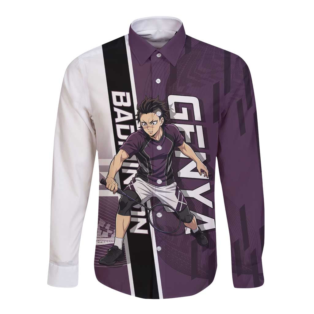 Personalized Shinazugawa Genya Demon Slayer Badminton Long Sleeve Button Shirt with Racket Action Pose and Purple Black Graphic Design - The Mazicc