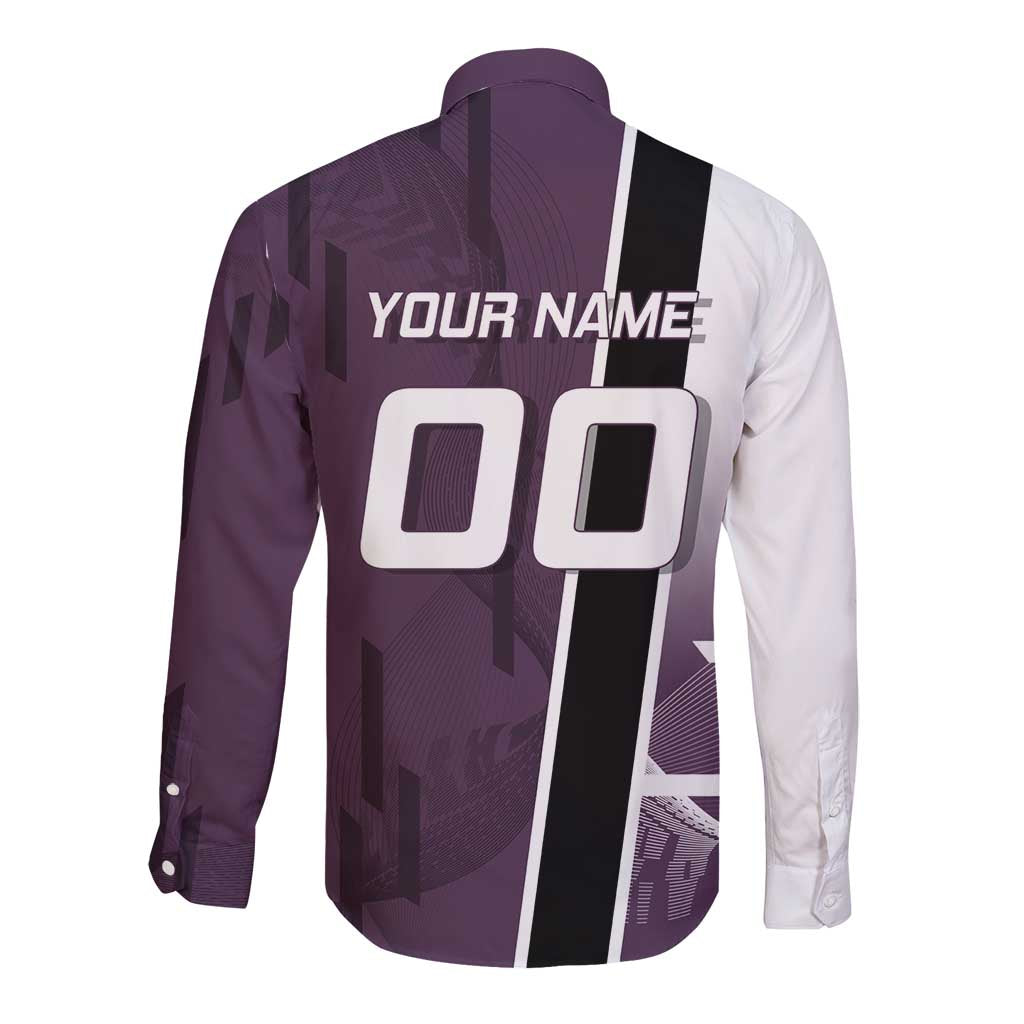 Personalized Shinazugawa Genya Demon Slayer Badminton Long Sleeve Button Shirt with Racket Action Pose and Purple Black Graphic Design - The Mazicc