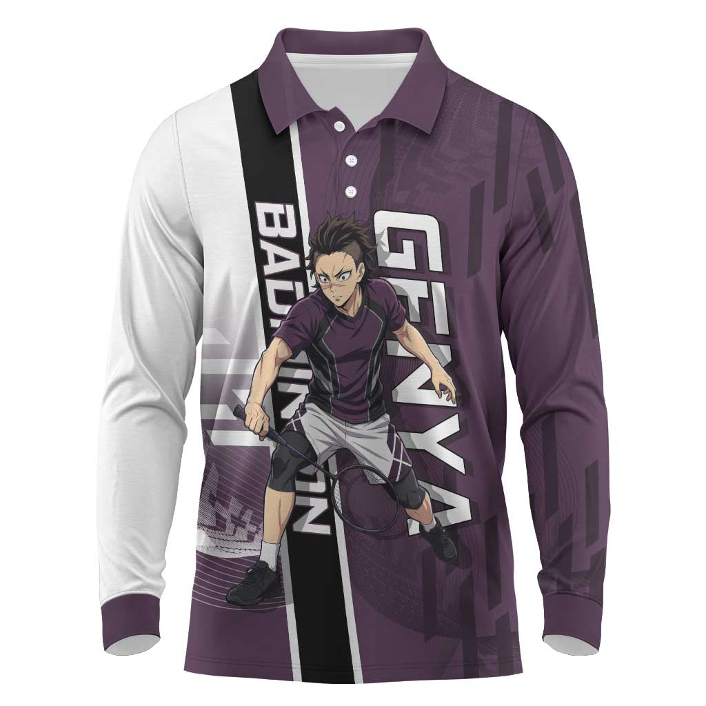 Personalized Shinazugawa Genya Demon Slayer Badminton Long Sleeve Polo Shirt with Racket Action Pose and Purple Black Graphic Design - The Mazicc