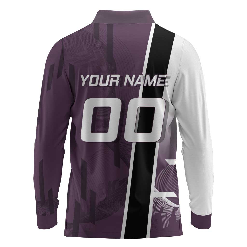 Personalized Shinazugawa Genya Demon Slayer Badminton Long Sleeve Polo Shirt with Racket Action Pose and Purple Black Graphic Design - The Mazicc