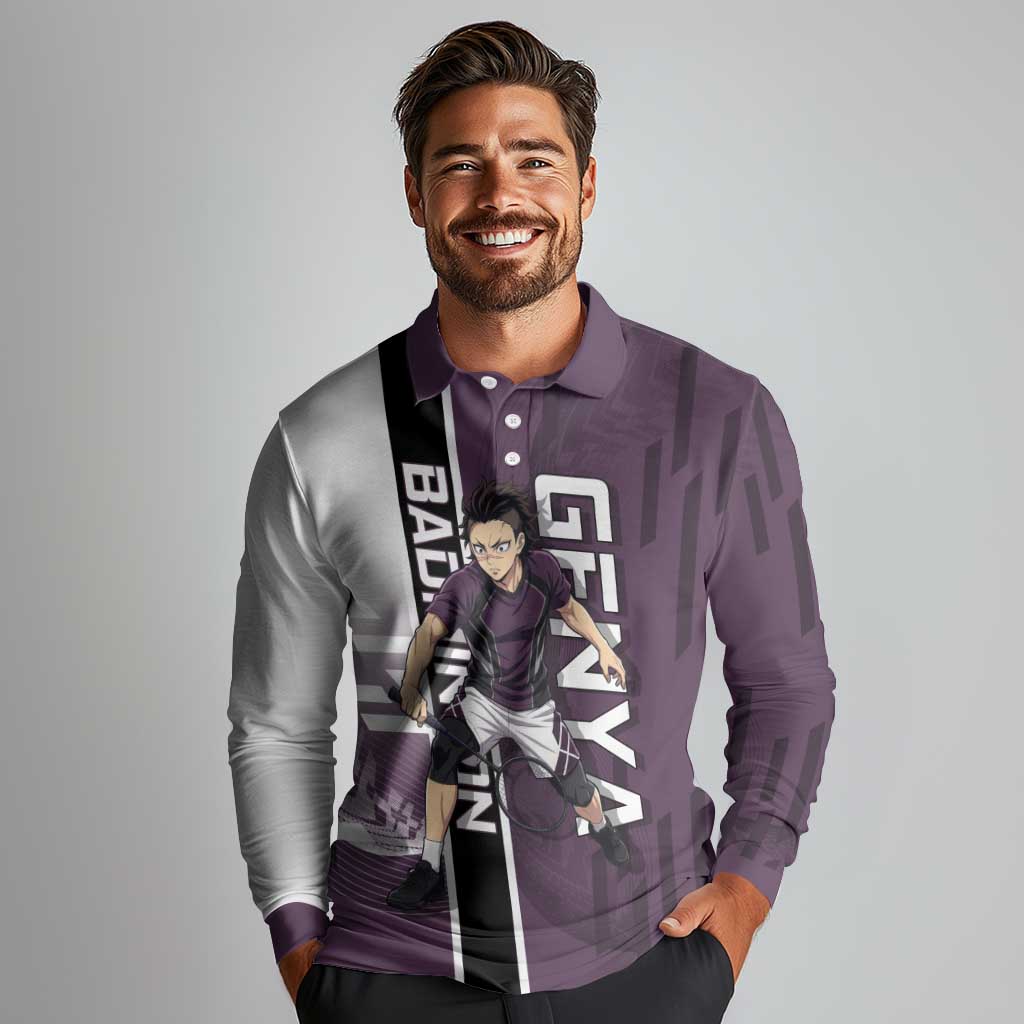 Personalized Shinazugawa Genya Demon Slayer Badminton Long Sleeve Polo Shirt with Racket Action Pose and Purple Black Graphic Design - The Mazicc