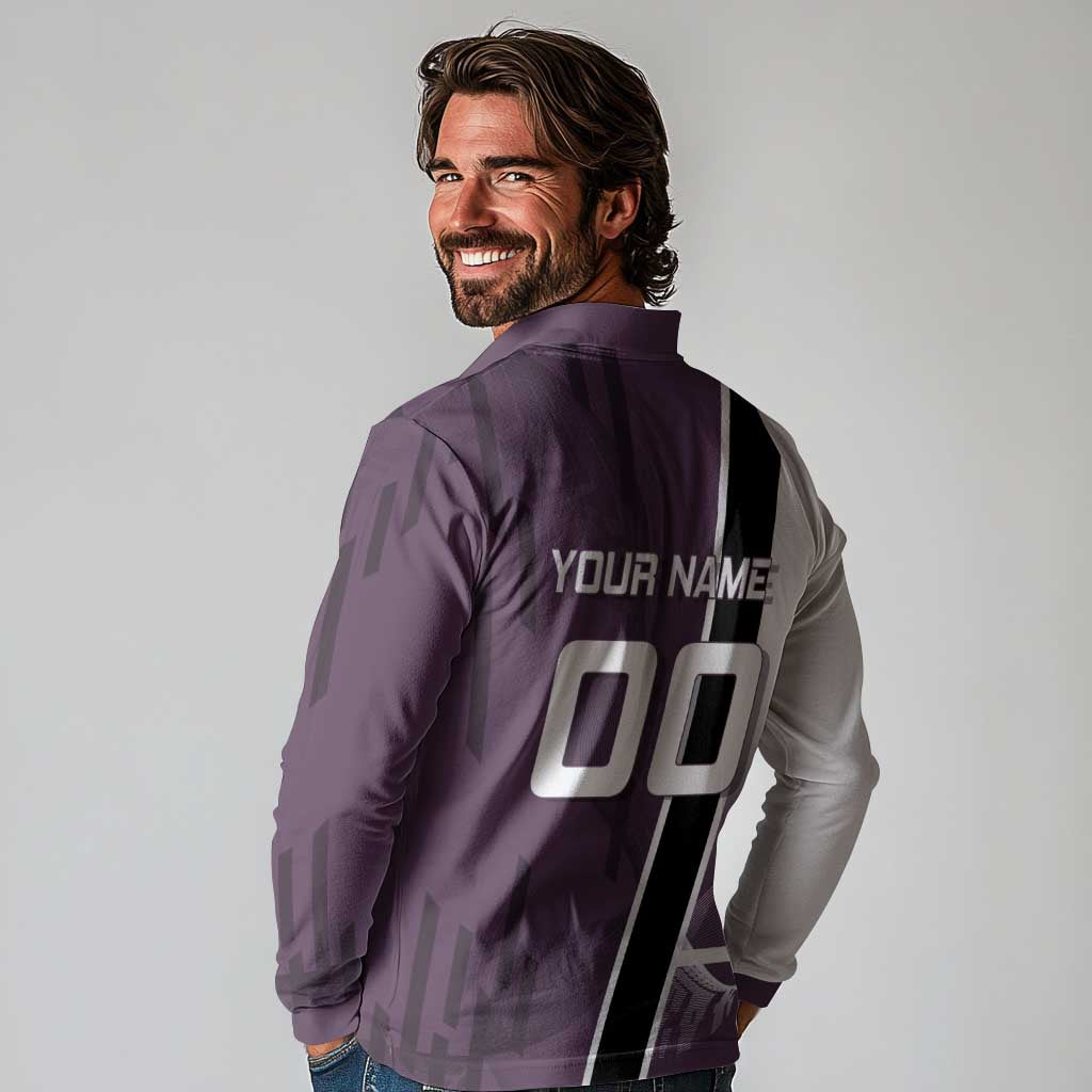 Personalized Shinazugawa Genya Demon Slayer Badminton Long Sleeve Polo Shirt with Racket Action Pose and Purple Black Graphic Design - The Mazicc