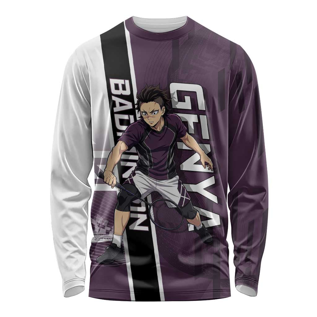 Personalized Shinazugawa Genya Demon Slayer Badminton Long Sleeve Shirt with Racket Action Pose and Purple Black Graphic Design - The Mazicc