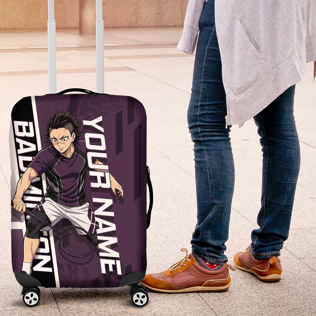 Personalized Shinazugawa Genya Demon Slayer Badminton Luggage Cover with Racket Action Pose and Purple Black Graphic Design - The Mazicc