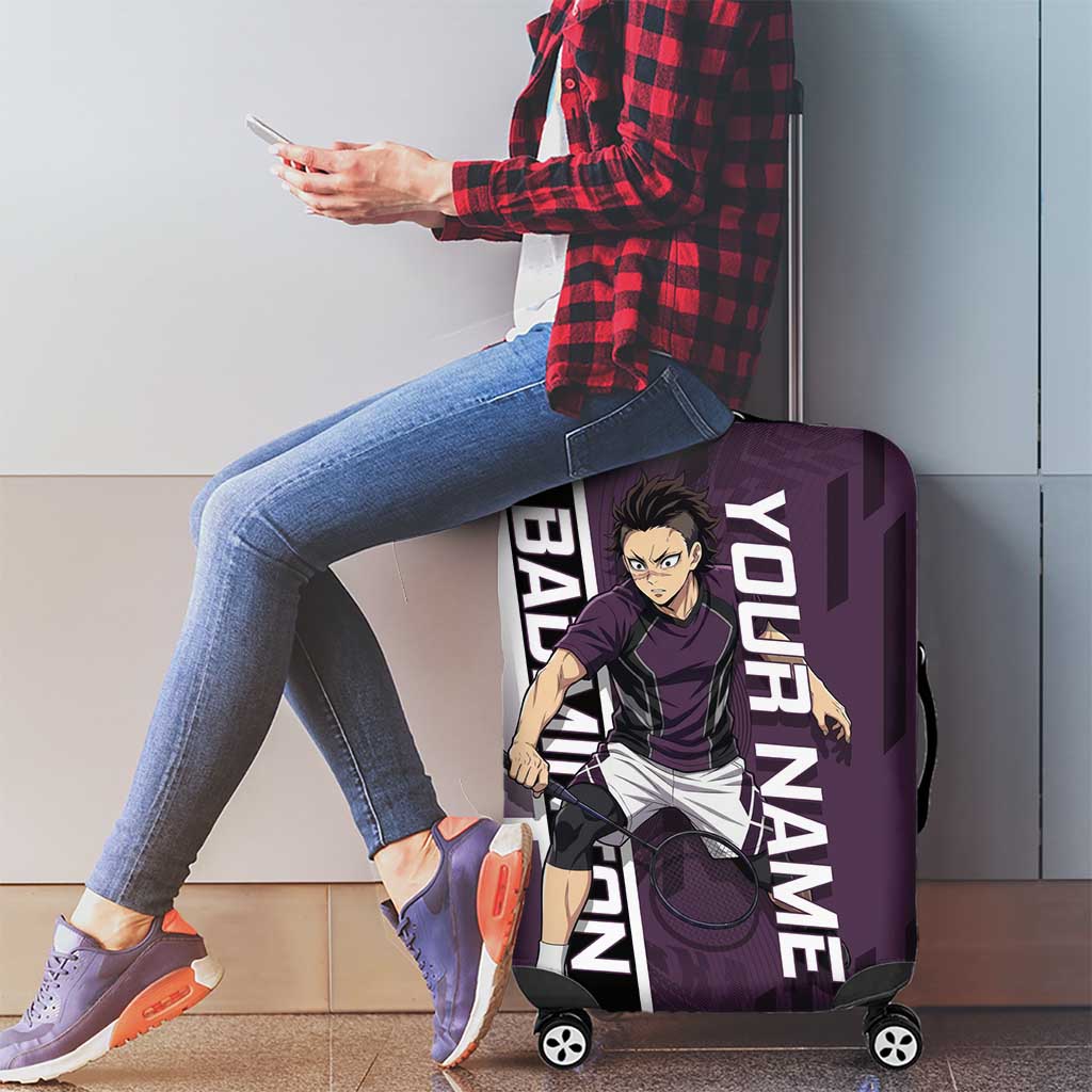 Personalized Shinazugawa Genya Demon Slayer Badminton Luggage Cover with Racket Action Pose and Purple Black Graphic Design - The Mazicc