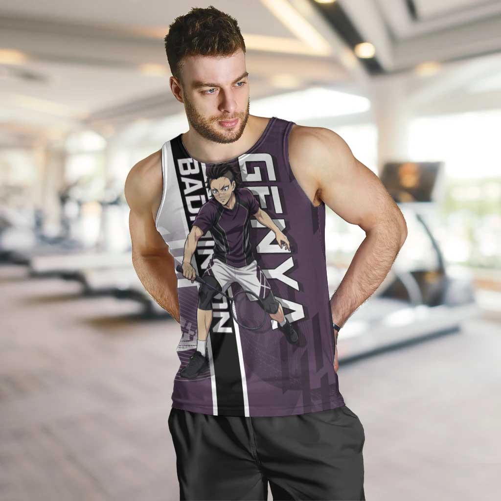 Personalized Shinazugawa Genya Demon Slayer Badminton Men Tank Top with Racket Action Pose and Purple Black Graphic Design - The Mazicc