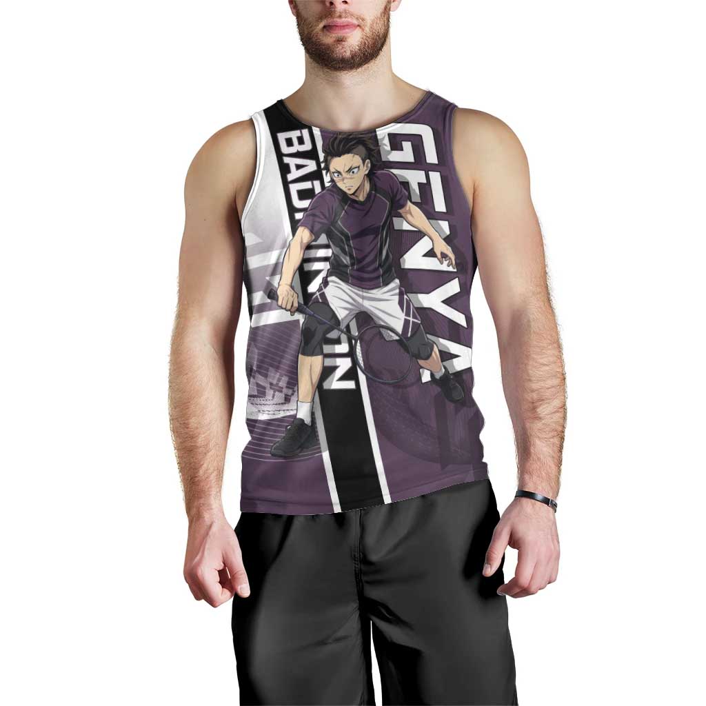 Personalized Shinazugawa Genya Demon Slayer Badminton Men Tank Top with Racket Action Pose and Purple Black Graphic Design - The Mazicc