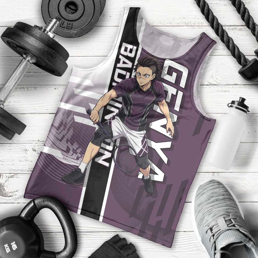 Personalized Shinazugawa Genya Demon Slayer Badminton Men Tank Top with Racket Action Pose and Purple Black Graphic Design - The Mazicc