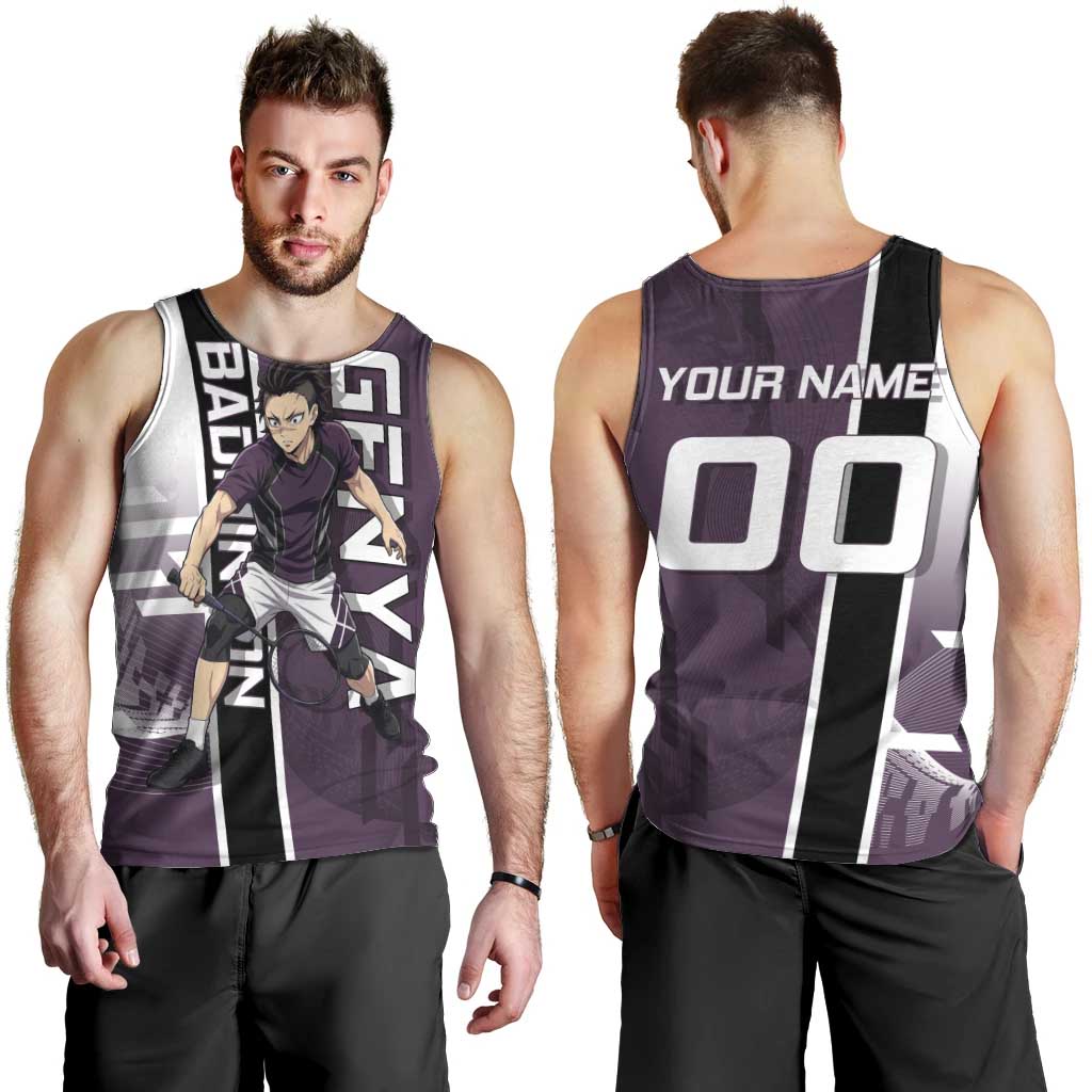 Personalized Shinazugawa Genya Demon Slayer Badminton Men Tank Top with Racket Action Pose and Purple Black Graphic Design - The Mazicc
