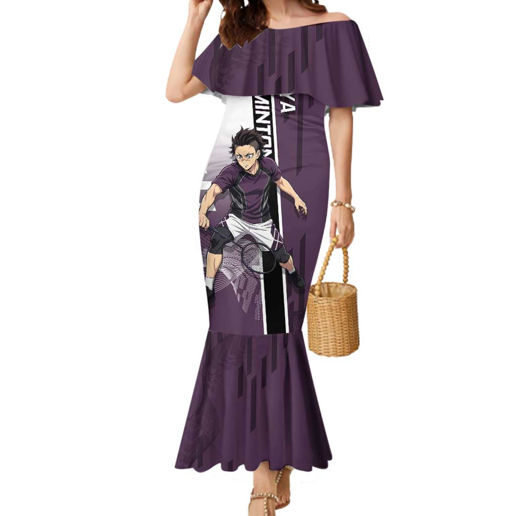 Personalized Shinazugawa Genya Demon Slayer Badminton Mermaid Dress with Racket Action Pose and Purple Black Graphic Design - The Mazicc