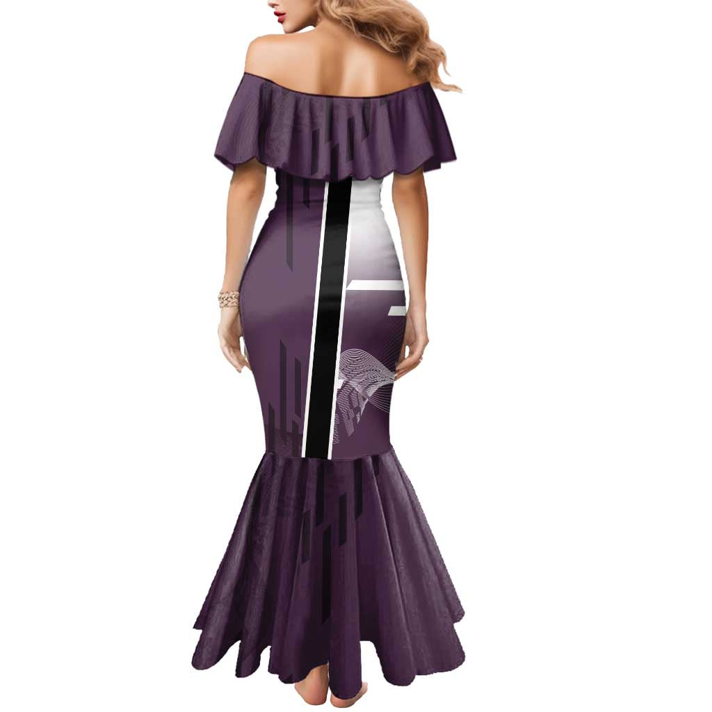 Personalized Shinazugawa Genya Demon Slayer Badminton Mermaid Dress with Racket Action Pose and Purple Black Graphic Design - The Mazicc