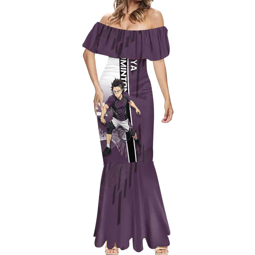 Personalized Shinazugawa Genya Demon Slayer Badminton Mermaid Dress with Racket Action Pose and Purple Black Graphic Design - The Mazicc