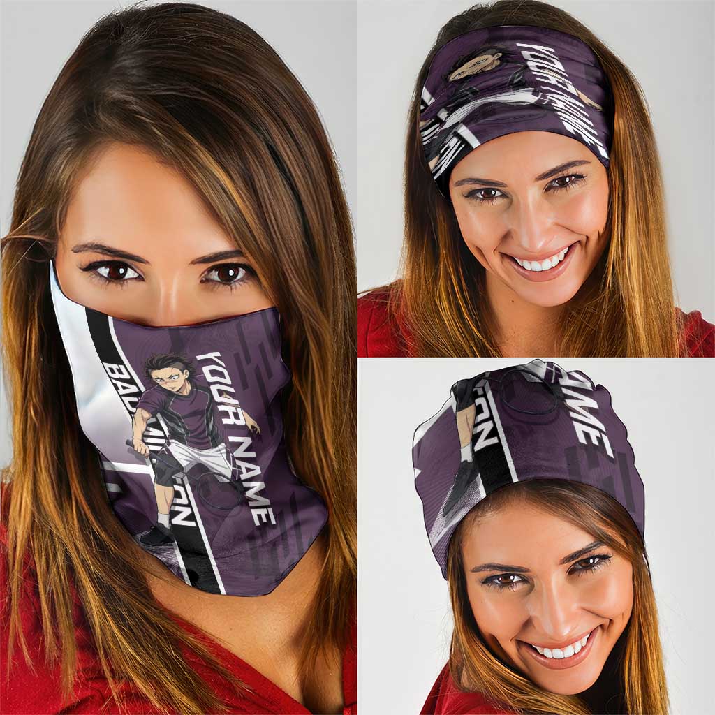 Personalized Shinazugawa Genya Demon Slayer Badminton Neck Gaiter with Racket Action Pose and Purple Black Graphic Design - The Mazicc