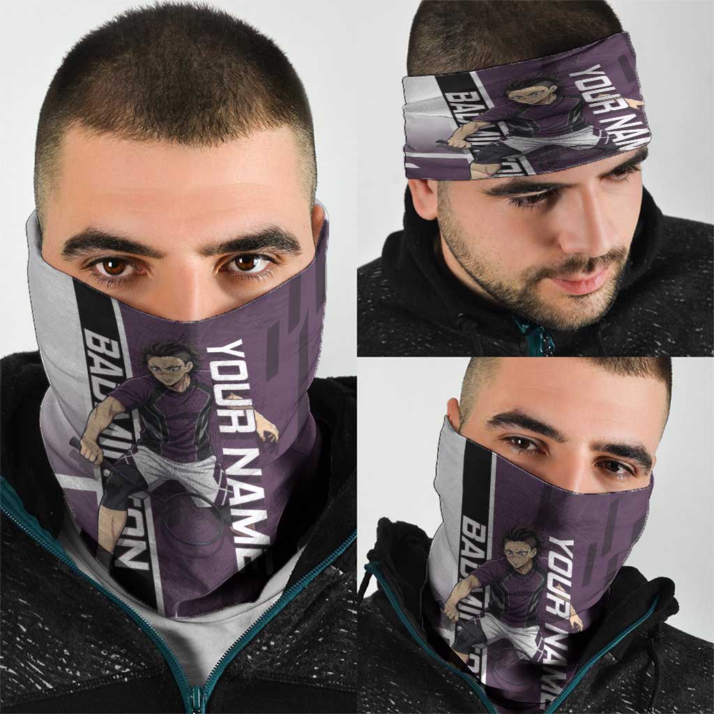 Personalized Shinazugawa Genya Demon Slayer Badminton Neck Gaiter with Racket Action Pose and Purple Black Graphic Design - The Mazicc