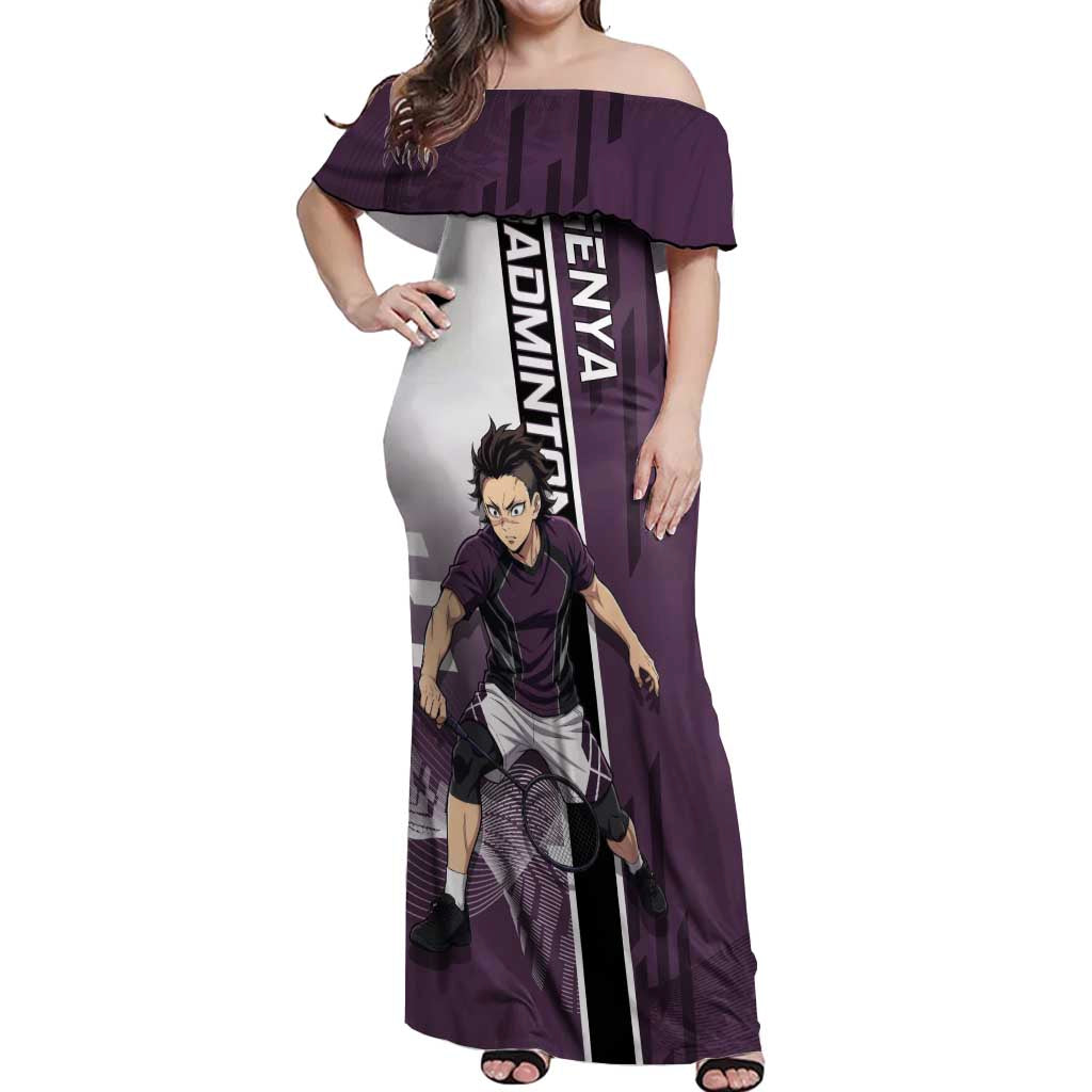 Personalized Shinazugawa Genya Demon Slayer Badminton Off Shoulder Maxi Dress with Racket Action Pose and Purple Black Graphic Design - The Mazicc