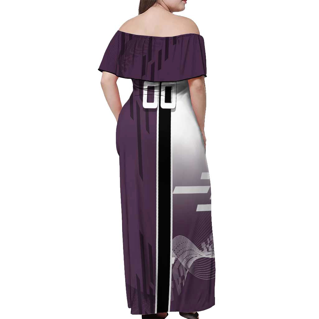 Personalized Shinazugawa Genya Demon Slayer Badminton Off Shoulder Maxi Dress with Racket Action Pose and Purple Black Graphic Design - The Mazicc