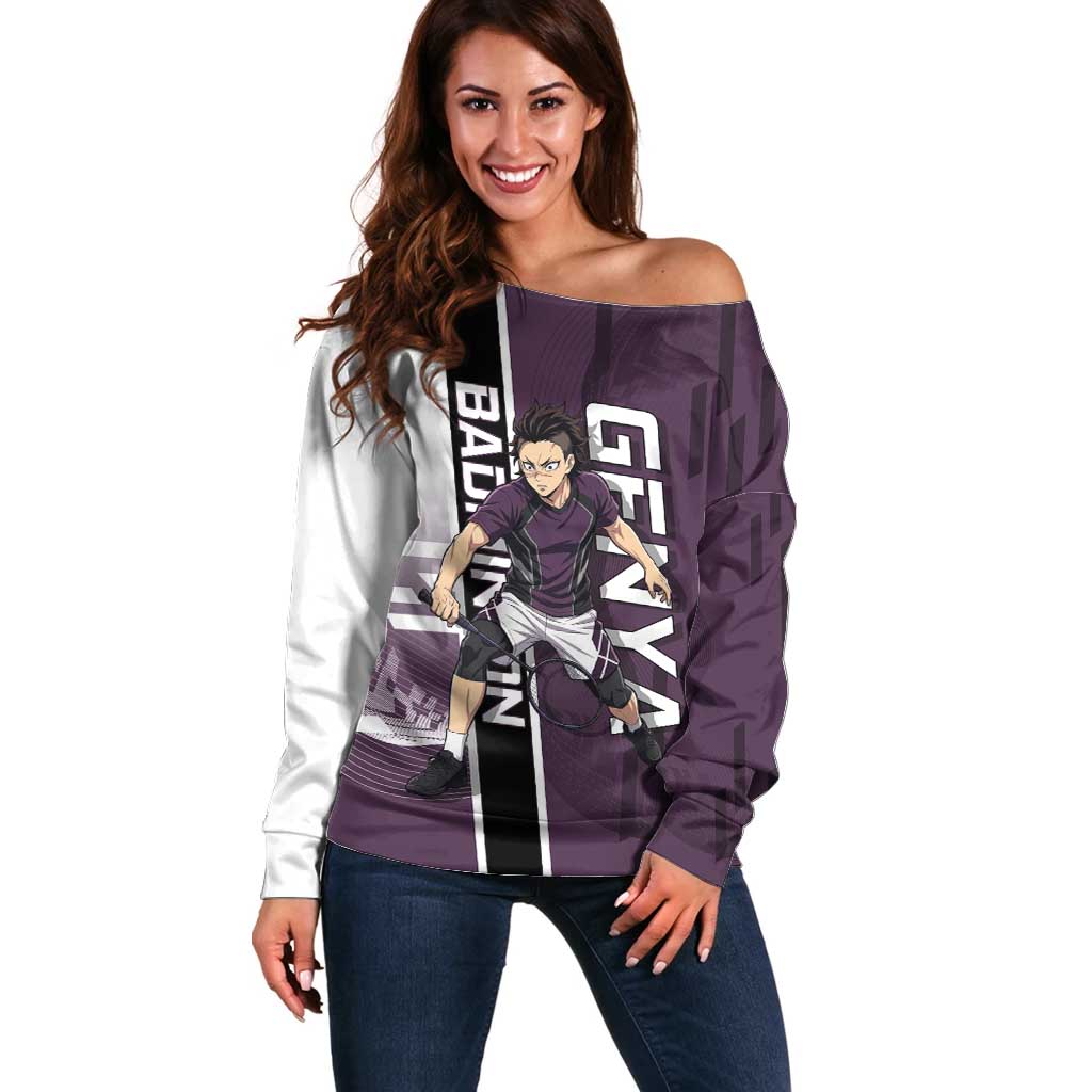 Personalized Shinazugawa Genya Demon Slayer Badminton Off Shoulder Sweater with Racket Action Pose and Purple Black Graphic Design - The Mazicc