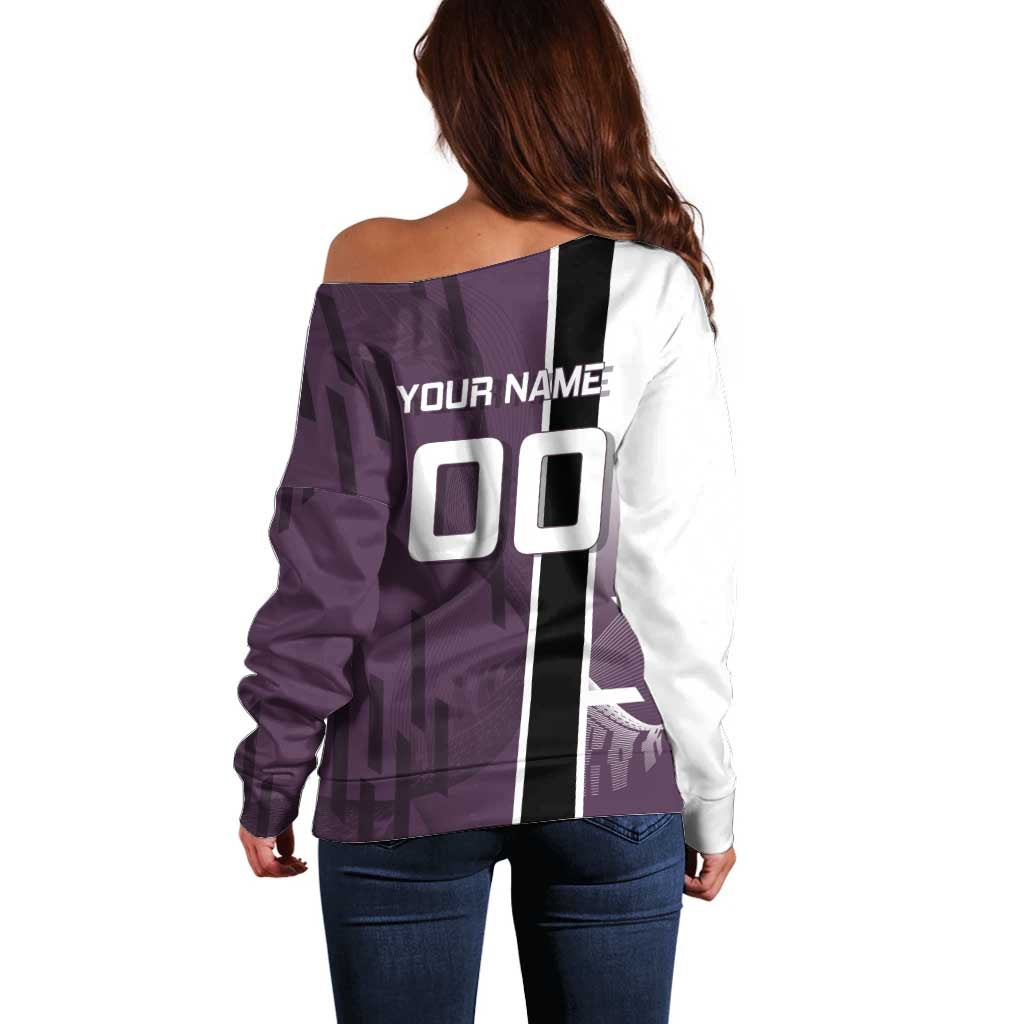Personalized Shinazugawa Genya Demon Slayer Badminton Off Shoulder Sweater with Racket Action Pose and Purple Black Graphic Design - The Mazicc