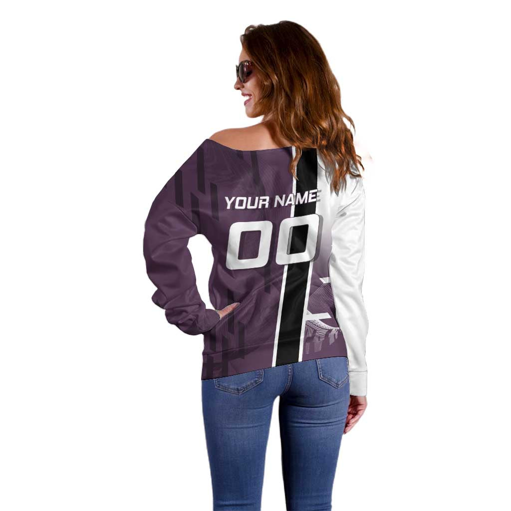 Personalized Shinazugawa Genya Demon Slayer Badminton Off Shoulder Sweater with Racket Action Pose and Purple Black Graphic Design - The Mazicc