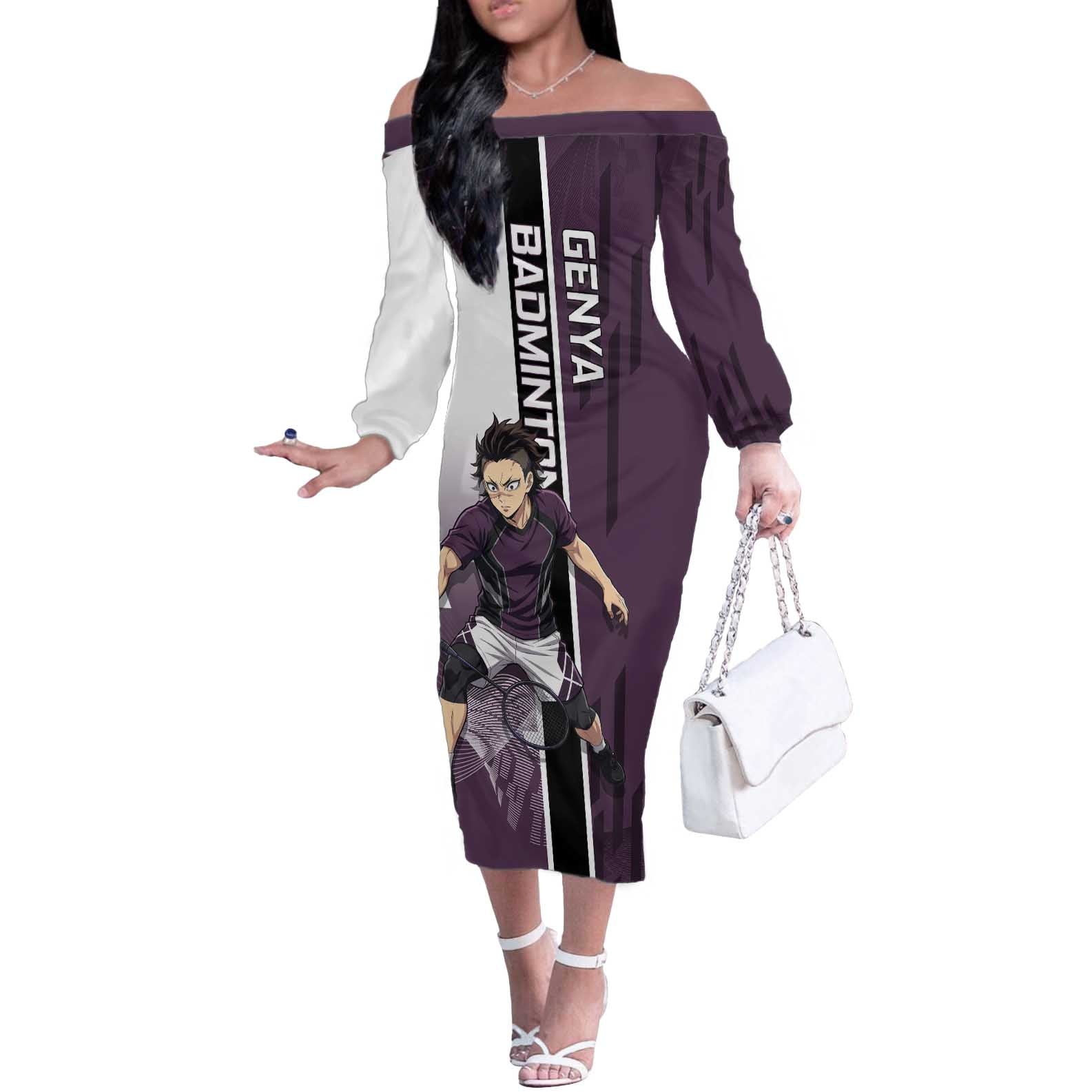 Personalized Shinazugawa Genya Demon Slayer Badminton Off The Shoulder Long Sleeve Dress with Racket Action Pose and Purple Black Graphic Design - The Mazicc