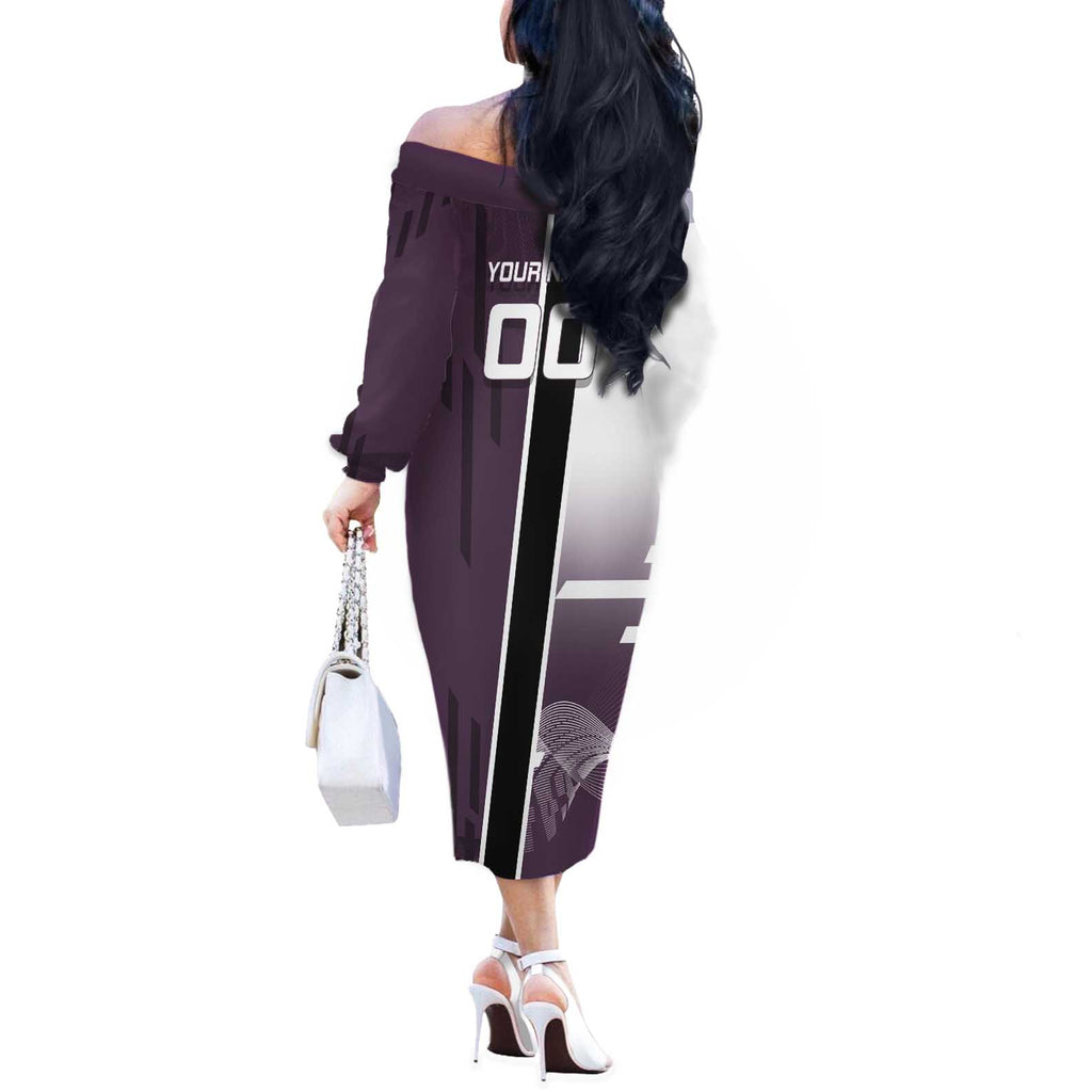 Personalized Shinazugawa Genya Demon Slayer Badminton Off The Shoulder Long Sleeve Dress with Racket Action Pose and Purple Black Graphic Design - The Mazicc