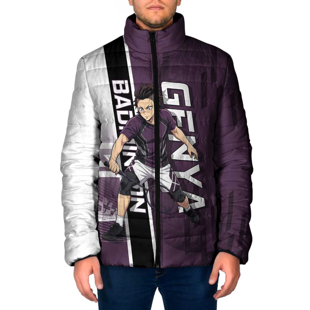 Personalized Shinazugawa Genya Demon Slayer Badminton Padded Jacket with Racket Action Pose and Purple Black Graphic Design - The Mazicc