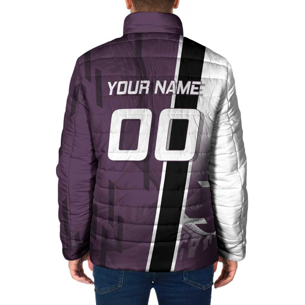 Personalized Shinazugawa Genya Demon Slayer Badminton Padded Jacket with Racket Action Pose and Purple Black Graphic Design - The Mazicc