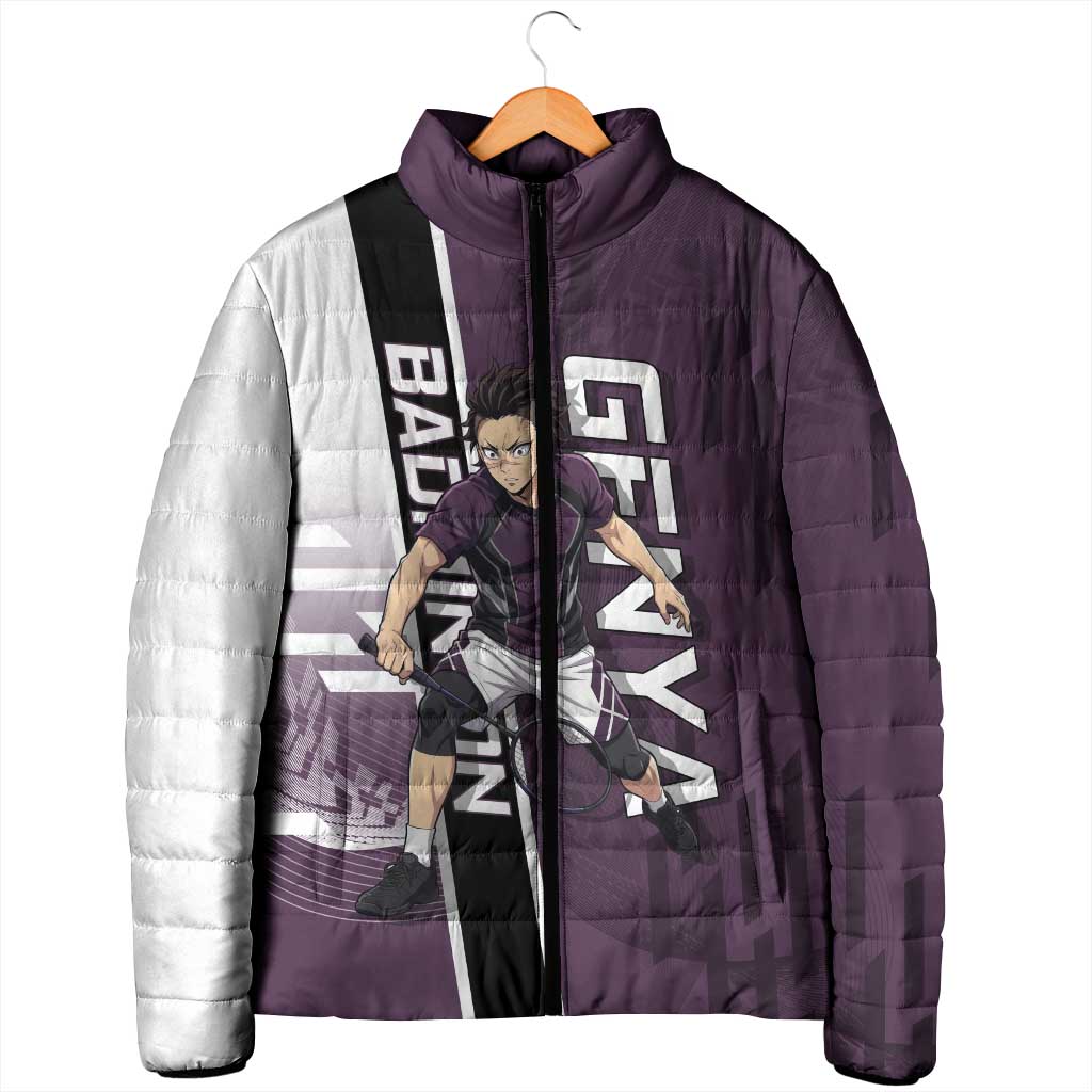 Personalized Shinazugawa Genya Demon Slayer Badminton Padded Jacket with Racket Action Pose and Purple Black Graphic Design - The Mazicc