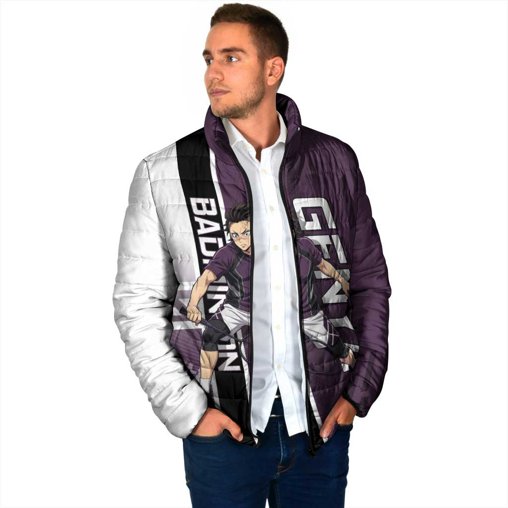 Personalized Shinazugawa Genya Demon Slayer Badminton Padded Jacket with Racket Action Pose and Purple Black Graphic Design - The Mazicc