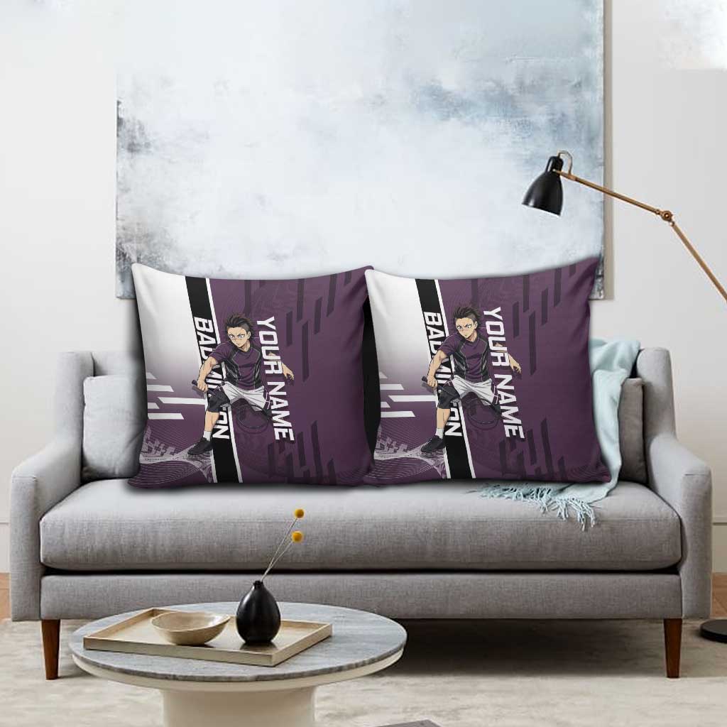 Personalized Shinazugawa Genya Demon Slayer Badminton Pillow Cover with Racket Action Pose and Purple Black Graphic Design - The Mazicc