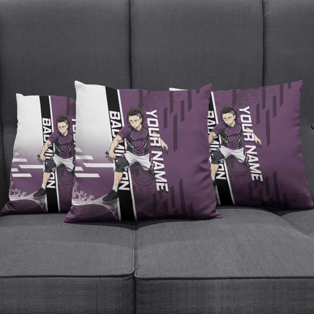 Personalized Shinazugawa Genya Demon Slayer Badminton Pillow Cover with Racket Action Pose and Purple Black Graphic Design - The Mazicc