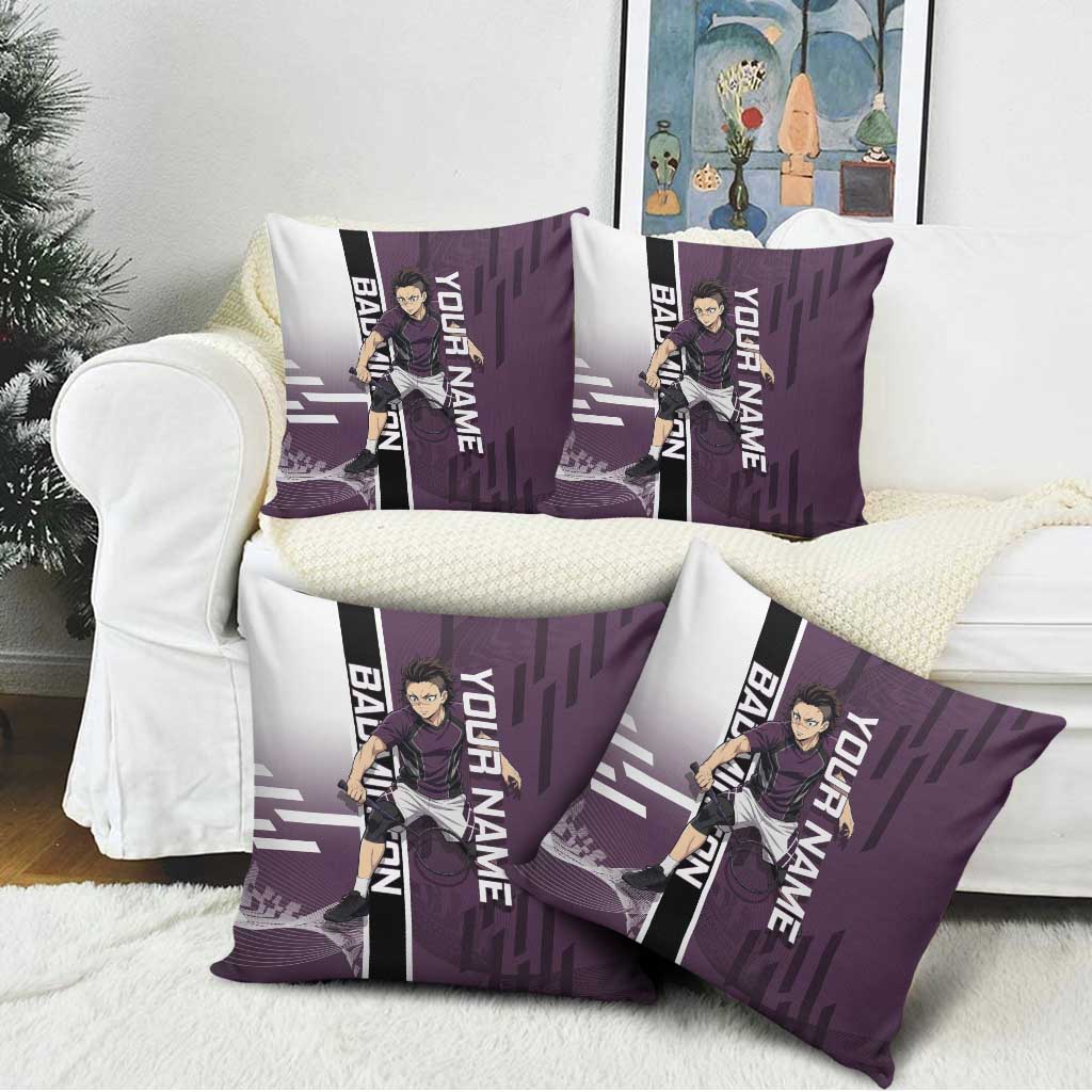 Personalized Shinazugawa Genya Demon Slayer Badminton Pillow Cover with Racket Action Pose and Purple Black Graphic Design - The Mazicc