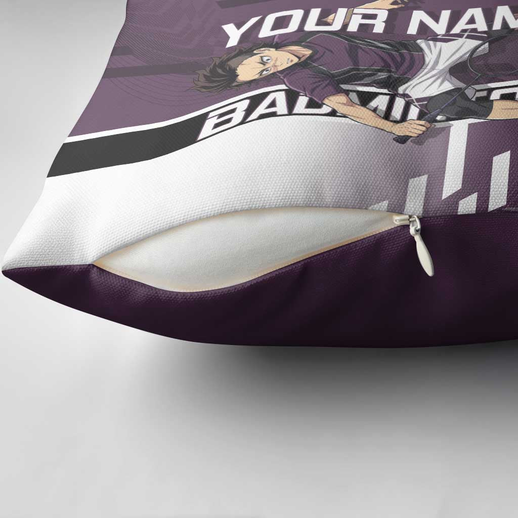 Personalized Shinazugawa Genya Demon Slayer Badminton Pillow Cover with Racket Action Pose and Purple Black Graphic Design - The Mazicc