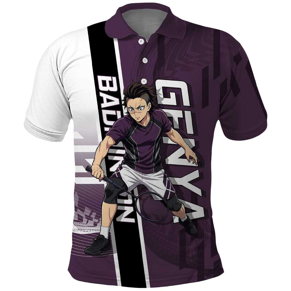 Personalized Shinazugawa Genya Demon Slayer Badminton Polo Shirt with Racket Action Pose and Purple Black Graphic Design - The Mazicc