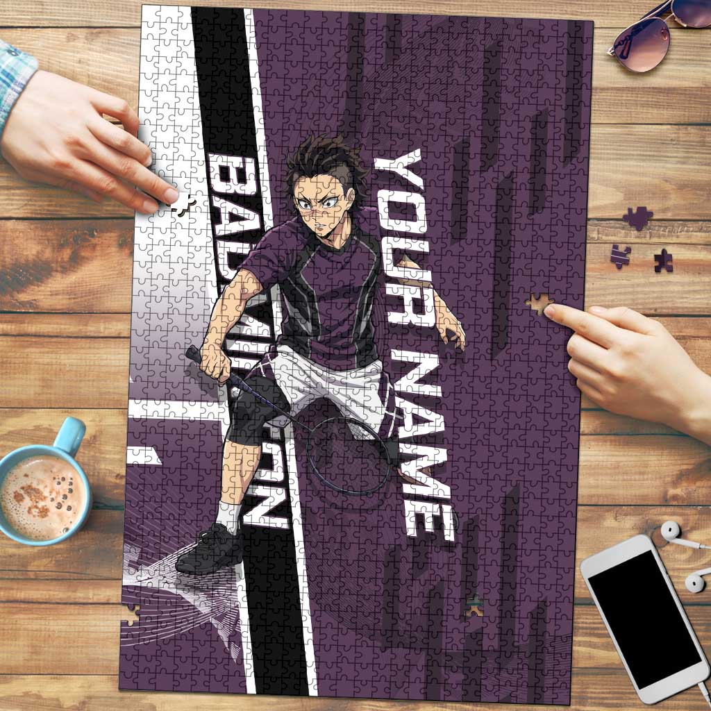 Personalized Shinazugawa Genya Demon Slayer Badminton Puzzle with Racket Action Pose and Purple Black Graphic Design - The Mazicc