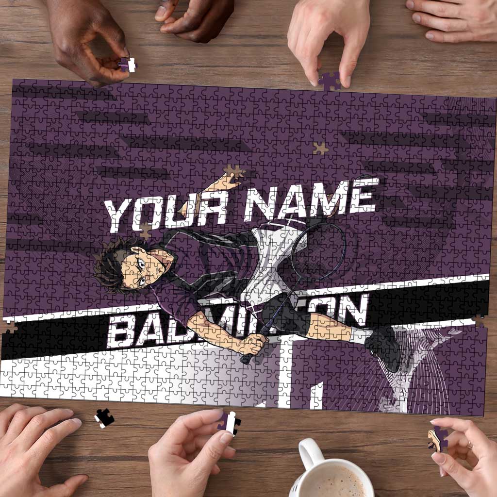 Personalized Shinazugawa Genya Demon Slayer Badminton Puzzle with Racket Action Pose and Purple Black Graphic Design - The Mazicc